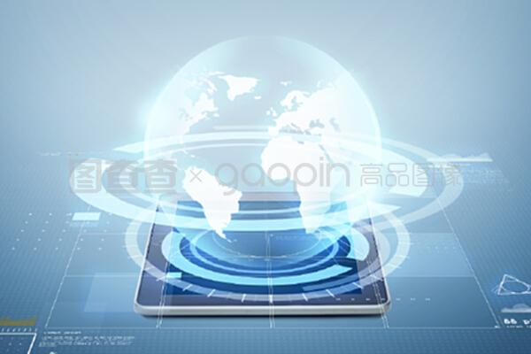 電子、技術、網絡和現代小工具概念&mdash;&mdash;平板電腦,屏幕上方藍色背景的虛擬投影